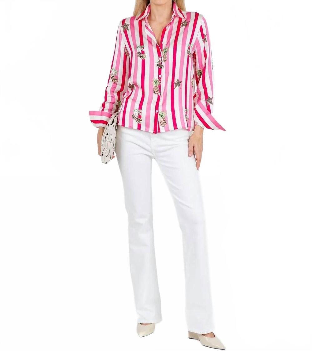 NEW VILAGALLO isa striped & leopard print button down shirt in cherries